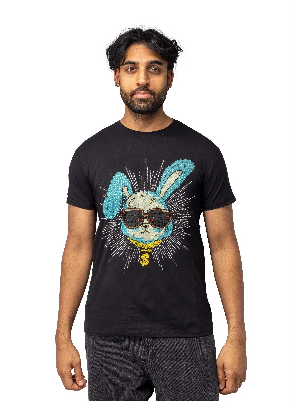 Heads or Tails Men's Slim Fit Crewneck Rhinestone Studded Graphic Printed T-Shirt Stone Tee Blue Rabbit With Money Chain