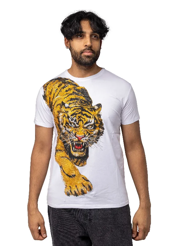 Heads or Tails Men's Slim Fit Crewneck Rhinestone Studded Graphic Printed T-Shirt Stone Tee Lion Crawl