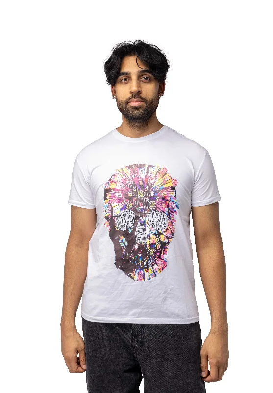 Heads or Tails Men's Slim Fit Crewneck Rhinestone Studded Graphic Printed T-Shirt Stone Tee Multi Colored Skull With Silver