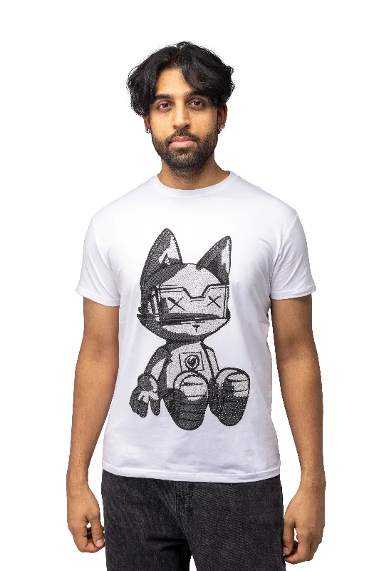 Heads or Tails Men's Slim Fit Crewneck Rhinestone Studded Graphic Printed T-Shirt Stone Tee Seated Kitten With Shades