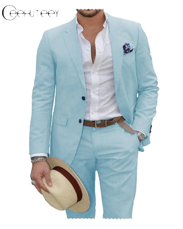 Linen Suit for Men Casual Wedding Suit for Men (Blazer+Pants)