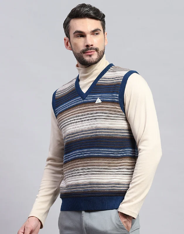 Men Blue Stripe V Neck Sleeveless Sweater