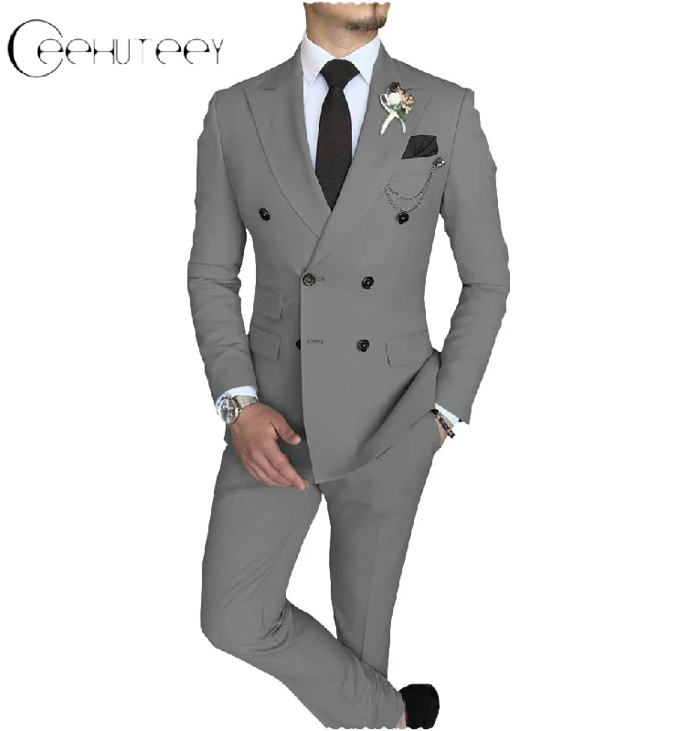 Mens 2 Piece Suit Slim Fit Double Breasted Peak Lapel Mens Coat (Blazer+Pants)