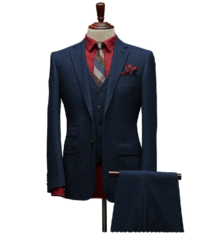 Men's 3 Pieces Slim Fit Tweed Classic Herringbone Notch Lapel Tuxedos (Blazer+vest+Pants)