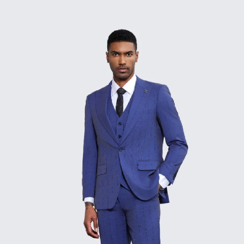 Men's Blue Windowpane Suit Three Piece Set- Wedding - Prom