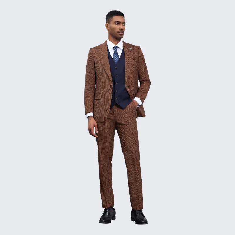 Men's Brown and Navy Glen Plaid Suit Three Piece Set - Wedding - Prom