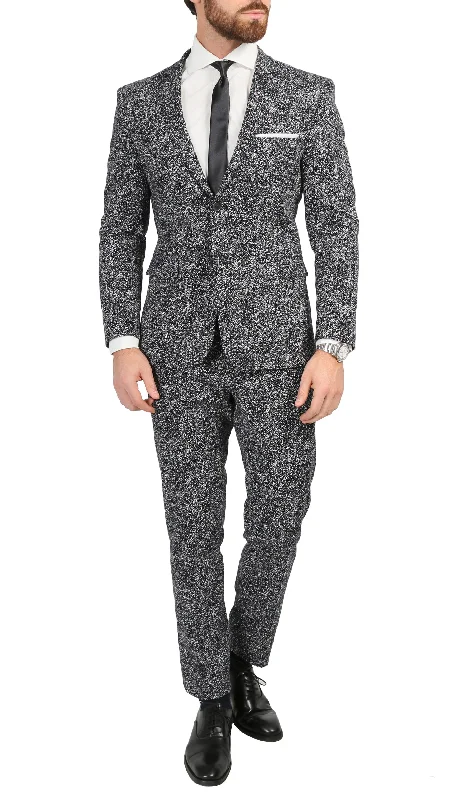 Men's Chicago Slim Fit Black & White Spotted Notch Lapel Suit