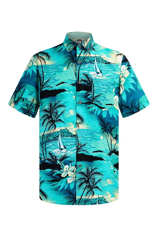 Men's Ocean Island Print Button Down Short Sleeve Shirts