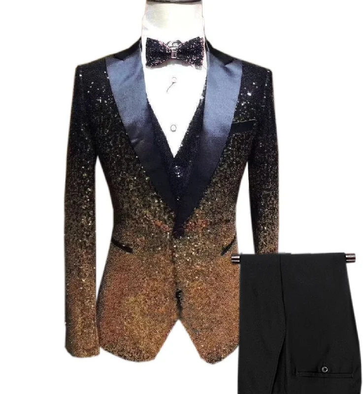 Men's Shiny Sequins 3 Piece Suit Blazer One Button Wedding Prom Tuxedo (Blazer + Vest + Pants)