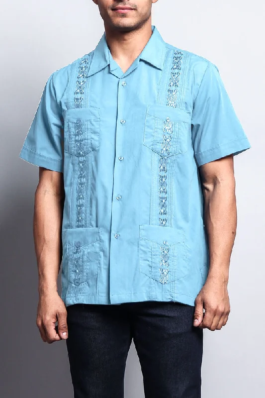 Men's Short Sleeve Cuban Style Guayabera Shirt (Light Blue)