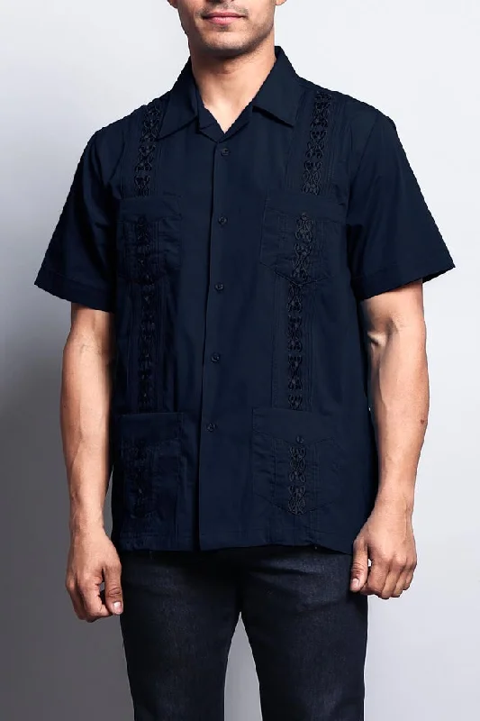 Men's Short Sleeve Cuban Style Guayabera Shirt (Navy)