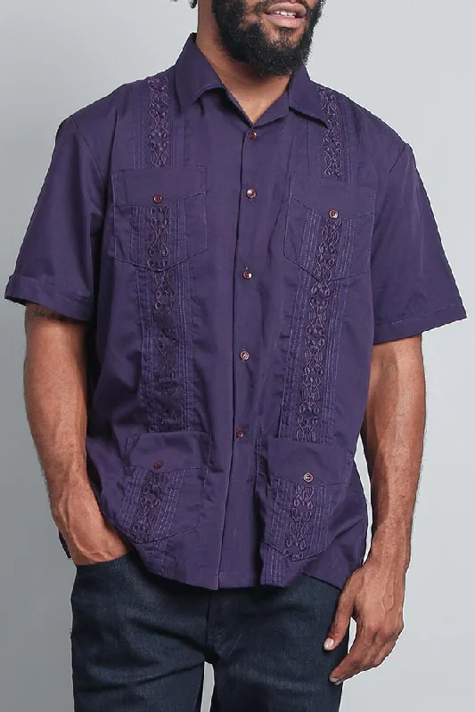 Men's Short Sleeve Cuban Style Guayabera Shirt (Dark Purple)