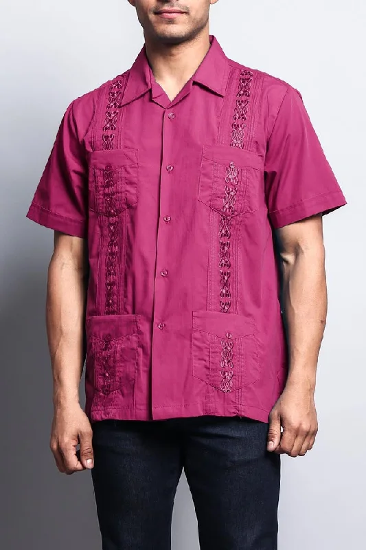 Men's Short Sleeve Cuban Style Guayabera Shirt (Fuchsia)