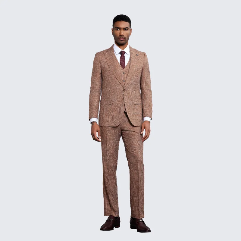 Men's Tan Suit Cross-Stitch Design Three Piece Set- Wedding - Prom