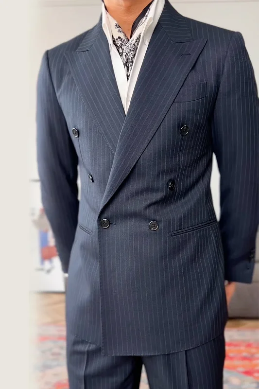 Navy Blue Slim Fit Pinstripe 2 Piece Double Breasted Suit