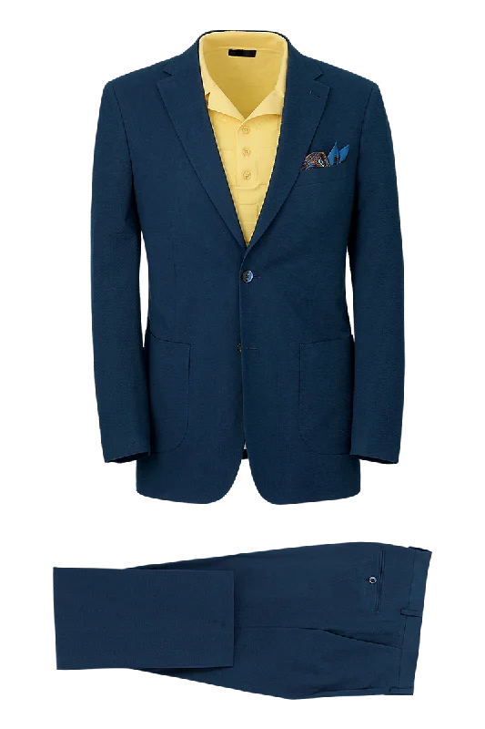 Navy Cotton Stretch Seersucker Notch Lapel Solid Suit