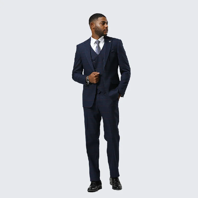 Navy Plaid Three Piece Suit By Stacy Adams - Wedding - Prom