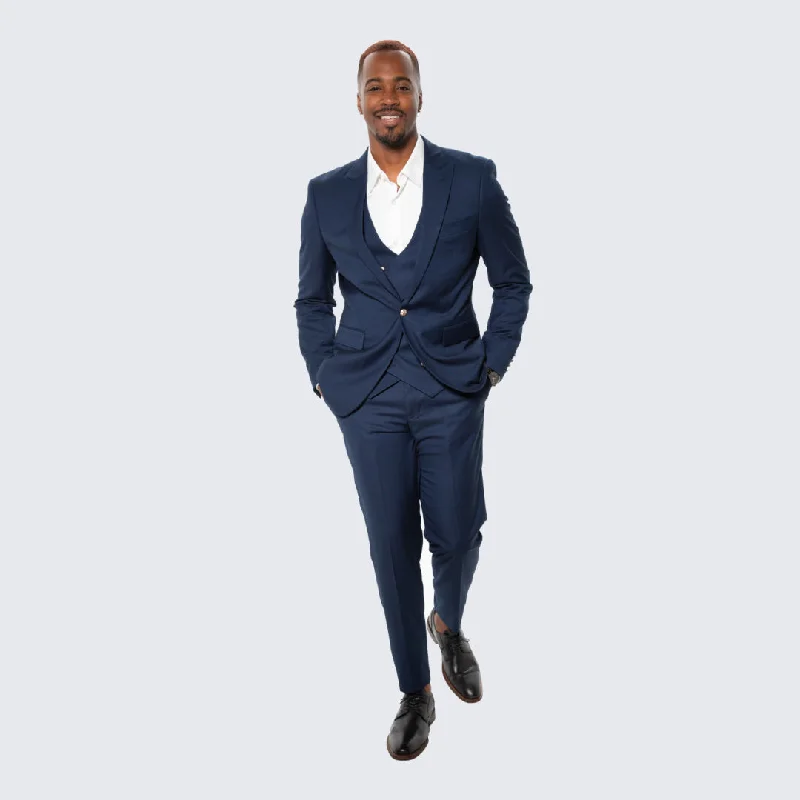 Navy Skinny Fit Suit Three Piece Set with Double Breasted Vest - Wedding - Prom