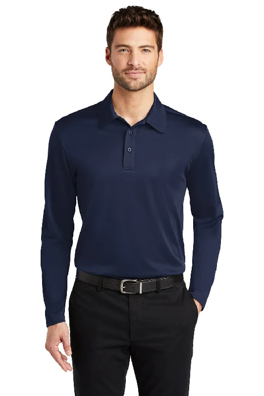 Port Authority Mens Silk Touch Performance Moisture Wicking Long Sleeve Polo Shirt - Navy Blue