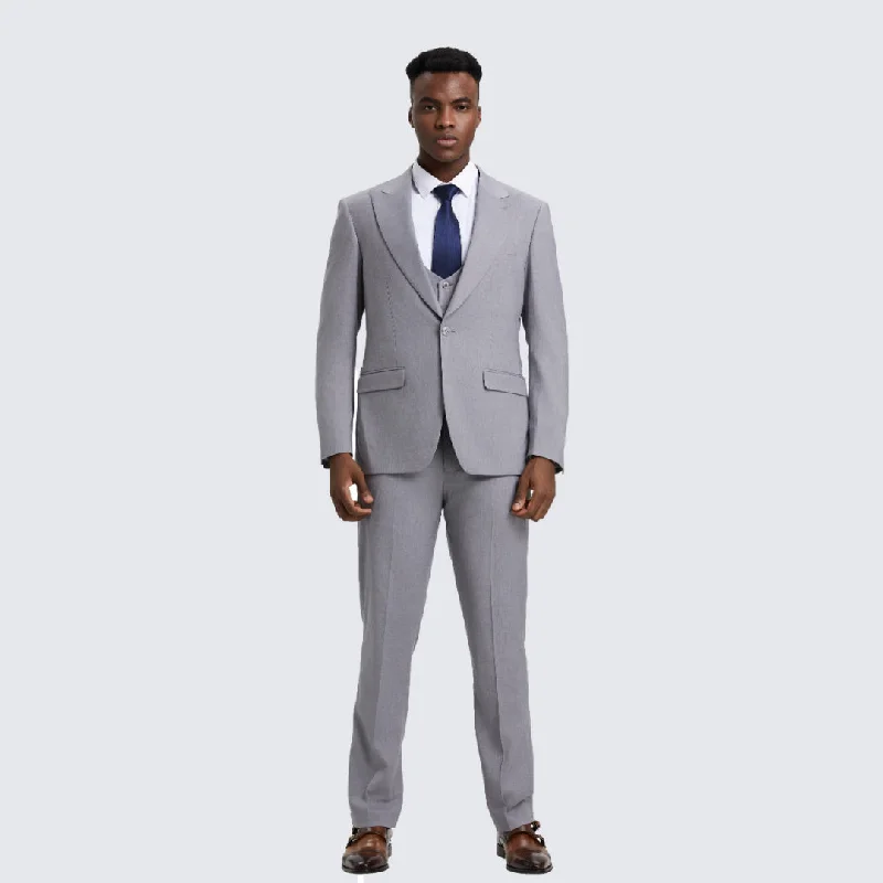 Light Gray Slim Fit Three Piece Suit with Large Peak Lapel by Stacy Adams - Wedding - Prom