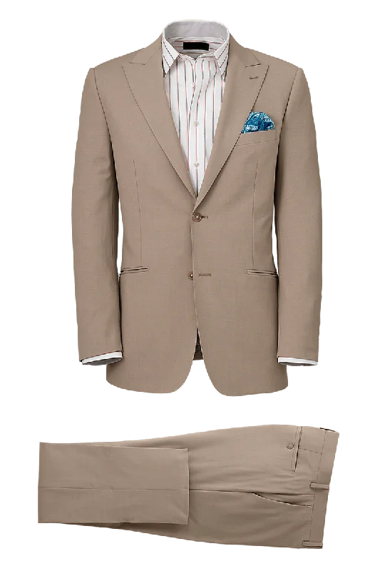 Tan Wool Stretch Single Breasted Peak Lapel Suit