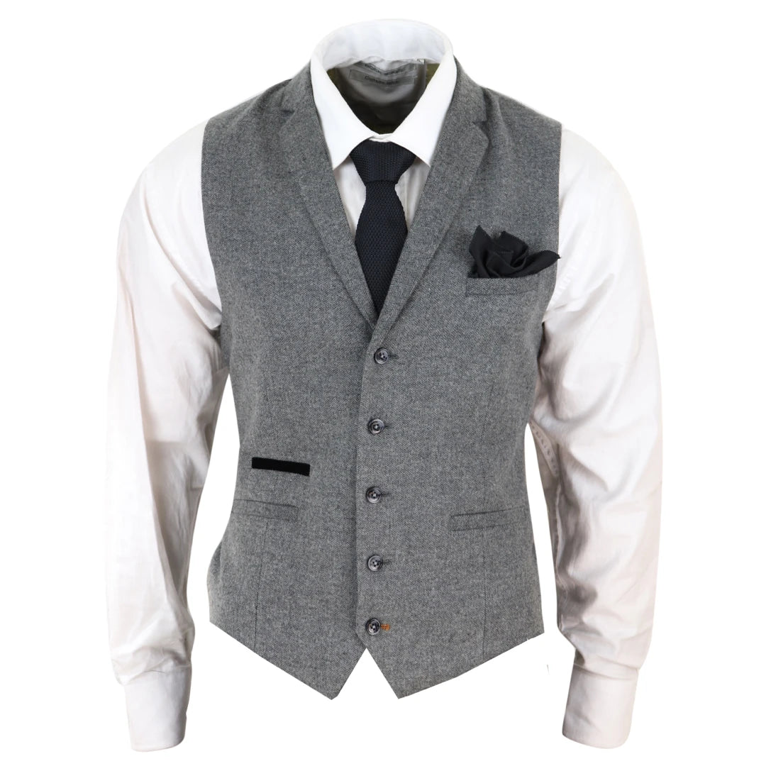 Martez - Men's Waistcoat Wool Herringbone Tweed Dark Grey Formal Classic 1920s Tailored